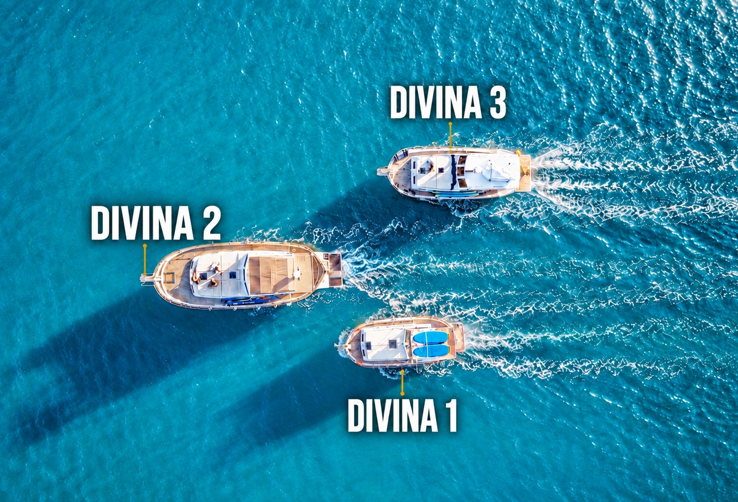 Aerial view of the Divina I, Divina II and Divina III llauts in Menorca, showing their relative sizes