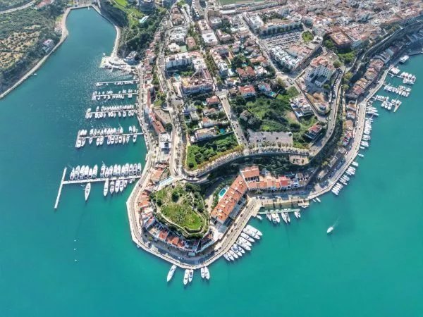 High aerial panoramic view of Mahon natural harbor in Menorca